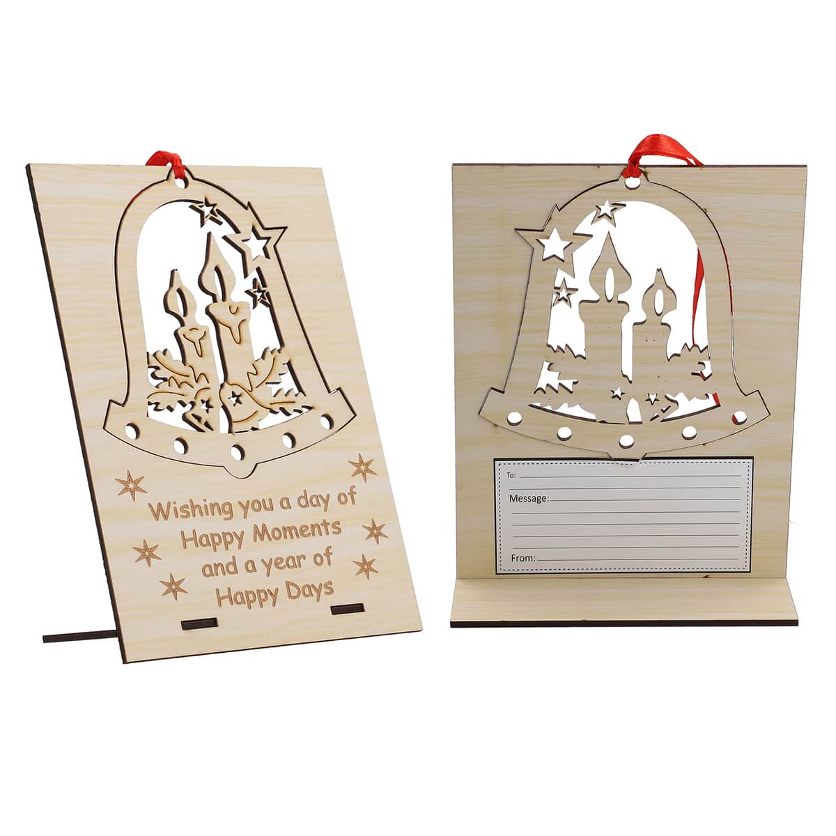 Set of 2 Natural Wooden Candles Christmas Card with Detachable Laser Cut Ornaments image number 0