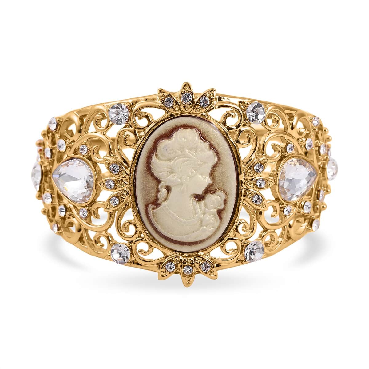 Brown Cameo and Multi Crystal and Glass Bangle Bracelet in Goldtone (6.50 In) image number 0