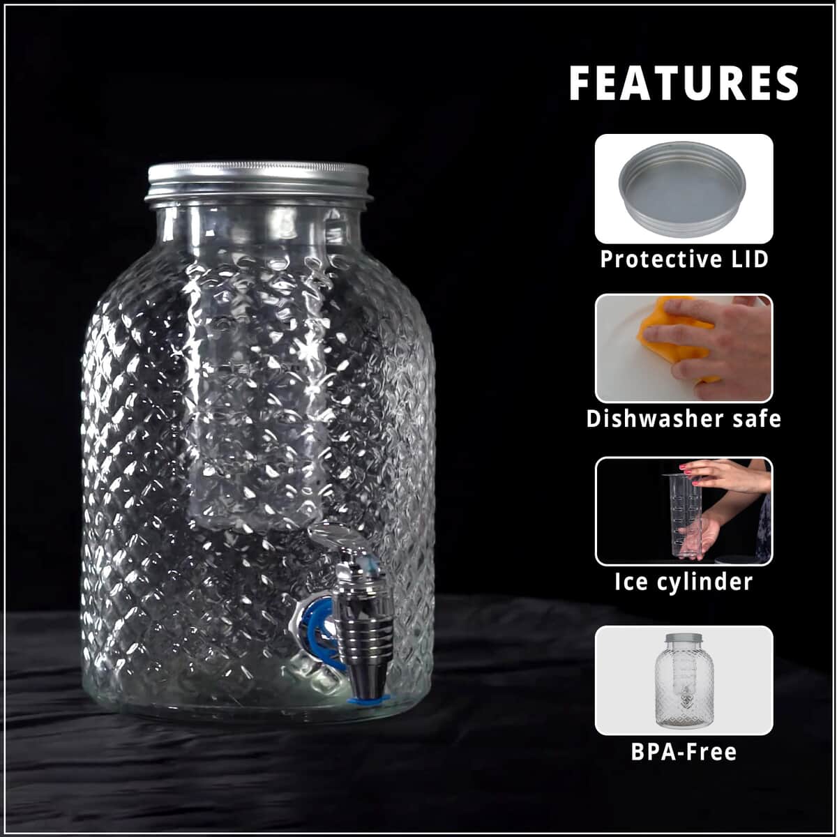 Glass Water Dispenser Jar with Ice and Fruit Infuser and Leak Proof Spigot (Capacity:5 Ltr, Weight:2.87 lbs) image number 2
