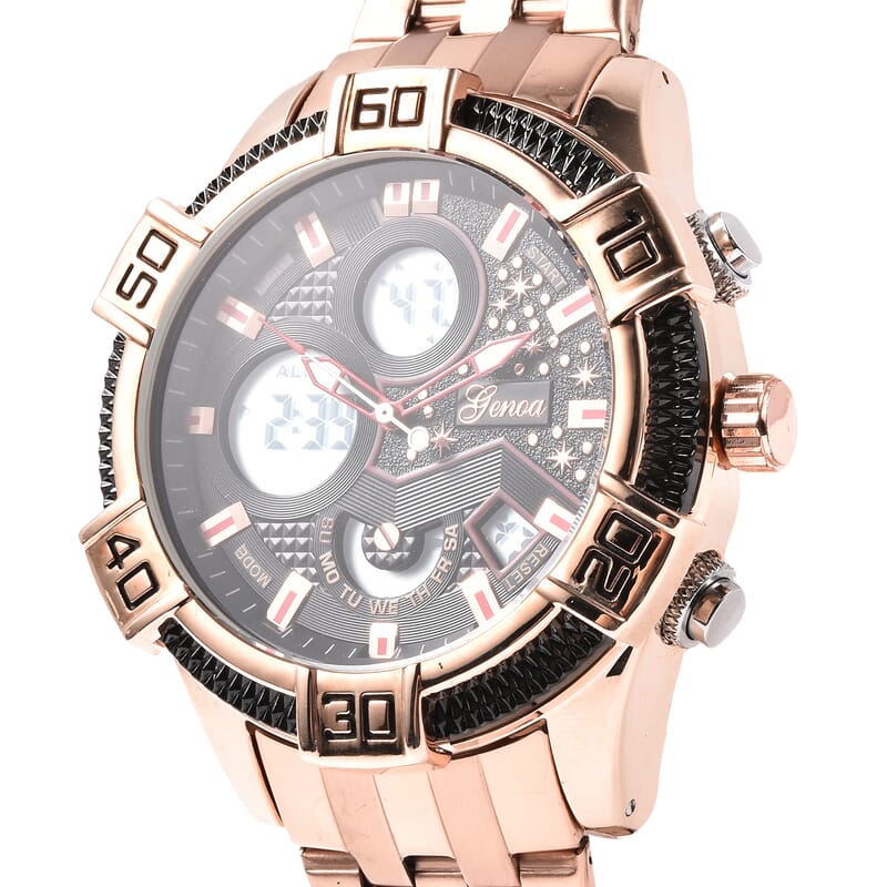 Genoa Miyota Japanese Dual Movement Multi-functional Men's Watch with ION Plated RG Stainless Steel Strap & Back