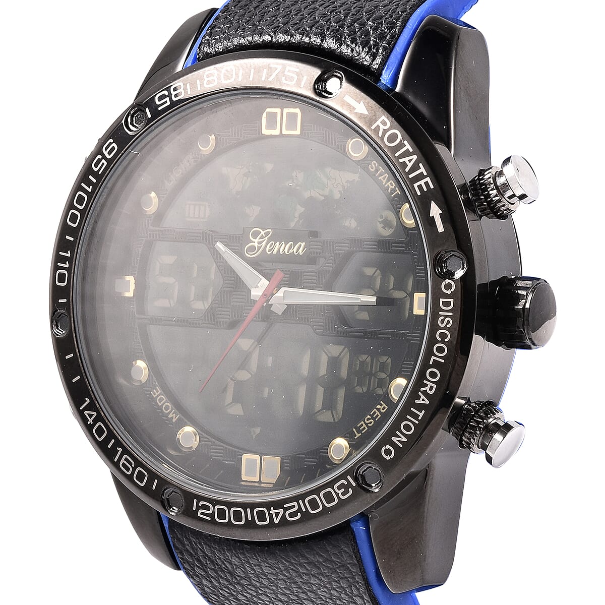 Genoa Japanese and China Movement Analog-digital Multi-functional Water Resistant Watch with Blue Plastic Leather Band and Stainless Steel Back image number 2