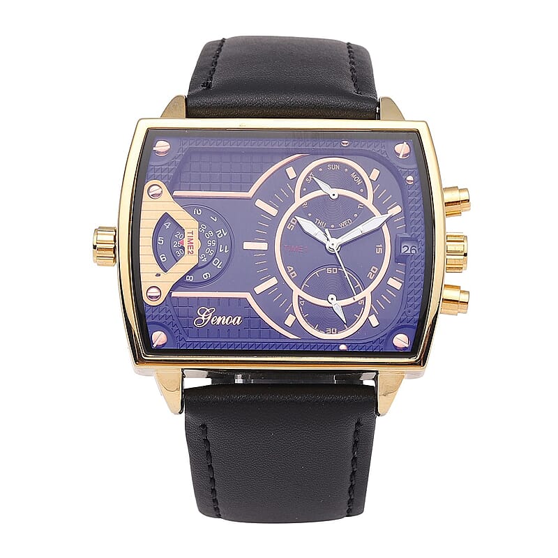 Genoa Japanese and China Movement Multi-functional Water Resistant Men's Watch with Black Genuine Leather Band (48x37.33mm) (6.25-8.0 Inches)