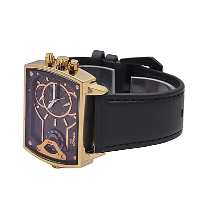 Genoa Japanese and China Movement Multi-functional Water Resistant Men's Watch with Black Genuine Leather Band (48x37.33mm) (6.25-8.0 Inches)