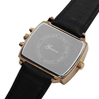 Genoa Japanese and China Movement Multi-functional Water Resistant Men's Watch with Black Genuine Leather Band (48x37.33mm) (6.25-8.0 Inches)