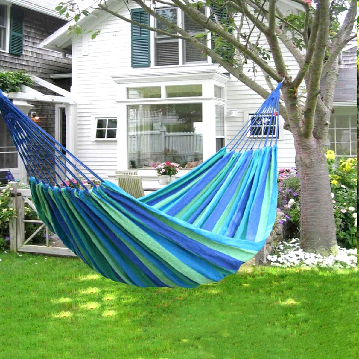 Homesmart Indoor Outdoor Colorful Striped Canvas Camping Hammock-Blue image number 1