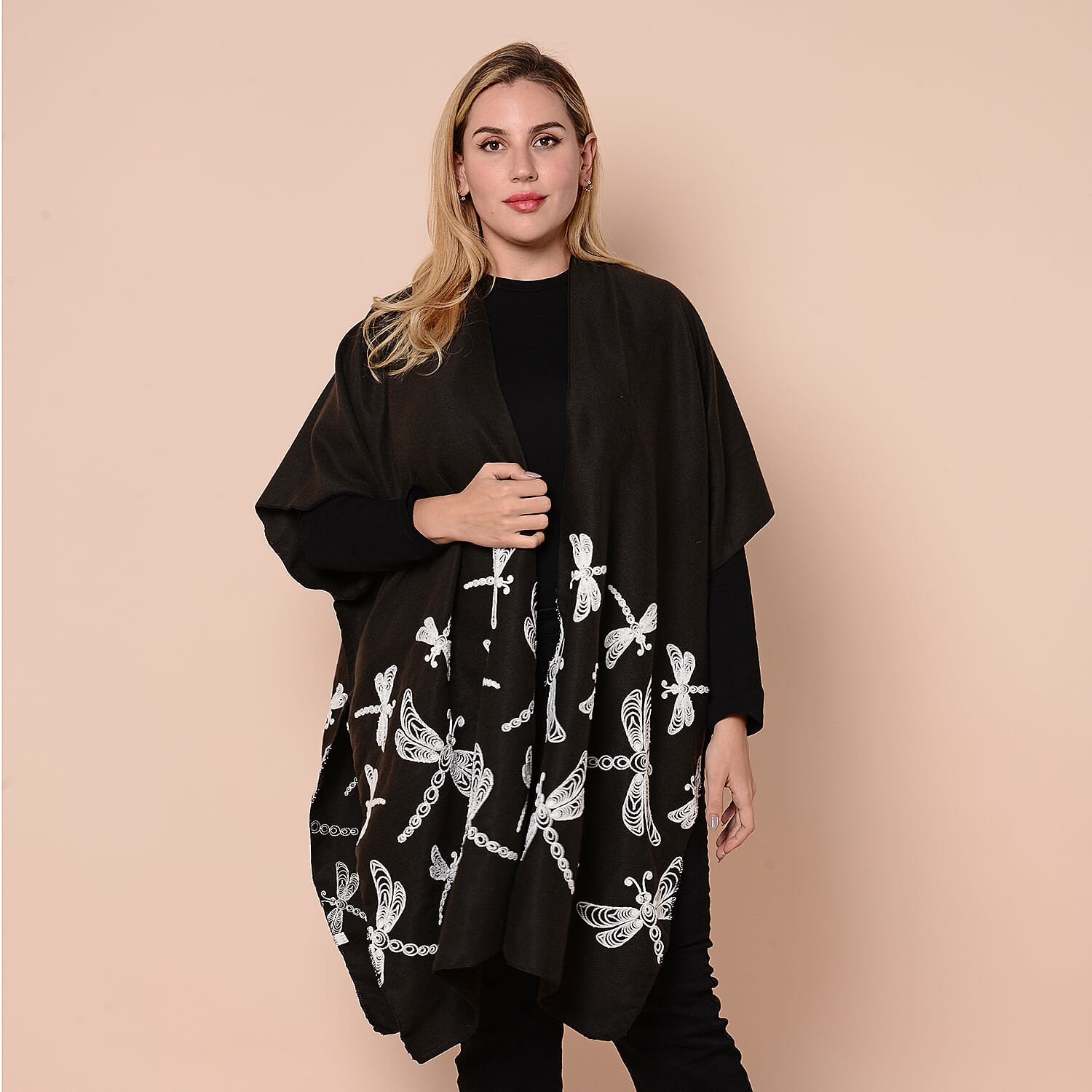 JOVIE Black Kimono with White Dragonfly Embroidery