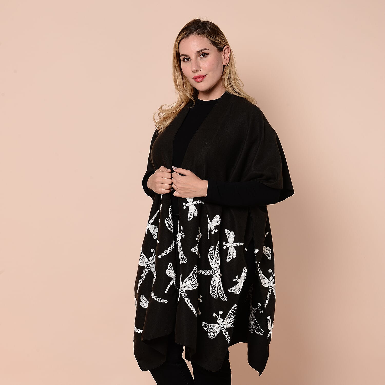 JOVIE Black Kimono with White Dragonfly Embroidery