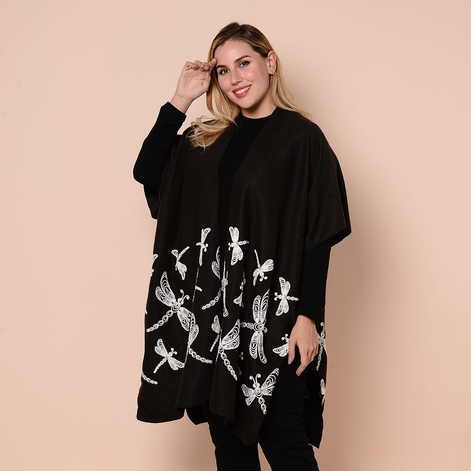 JOVIE Black Kimono with White Dragonfly Embroidery