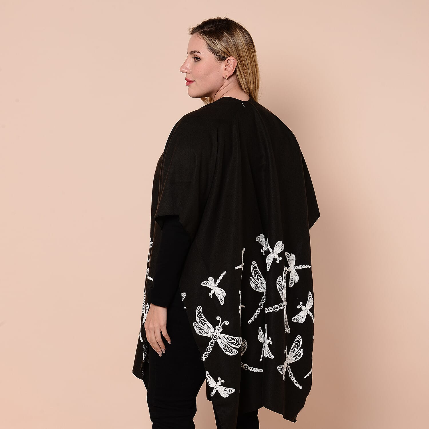 JOVIE Black Kimono with White Dragonfly Embroidery