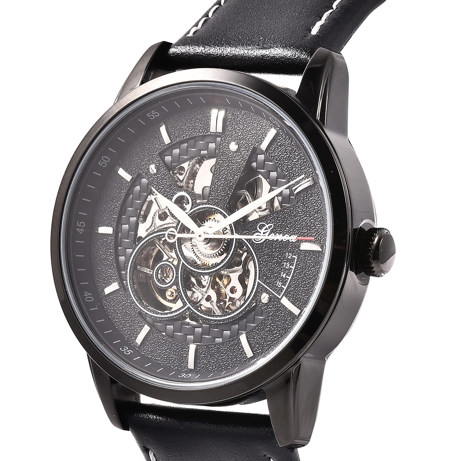 GENOA Automatic Movement Water Resistant Watch with Black Leather Band and Stainless Steel Back