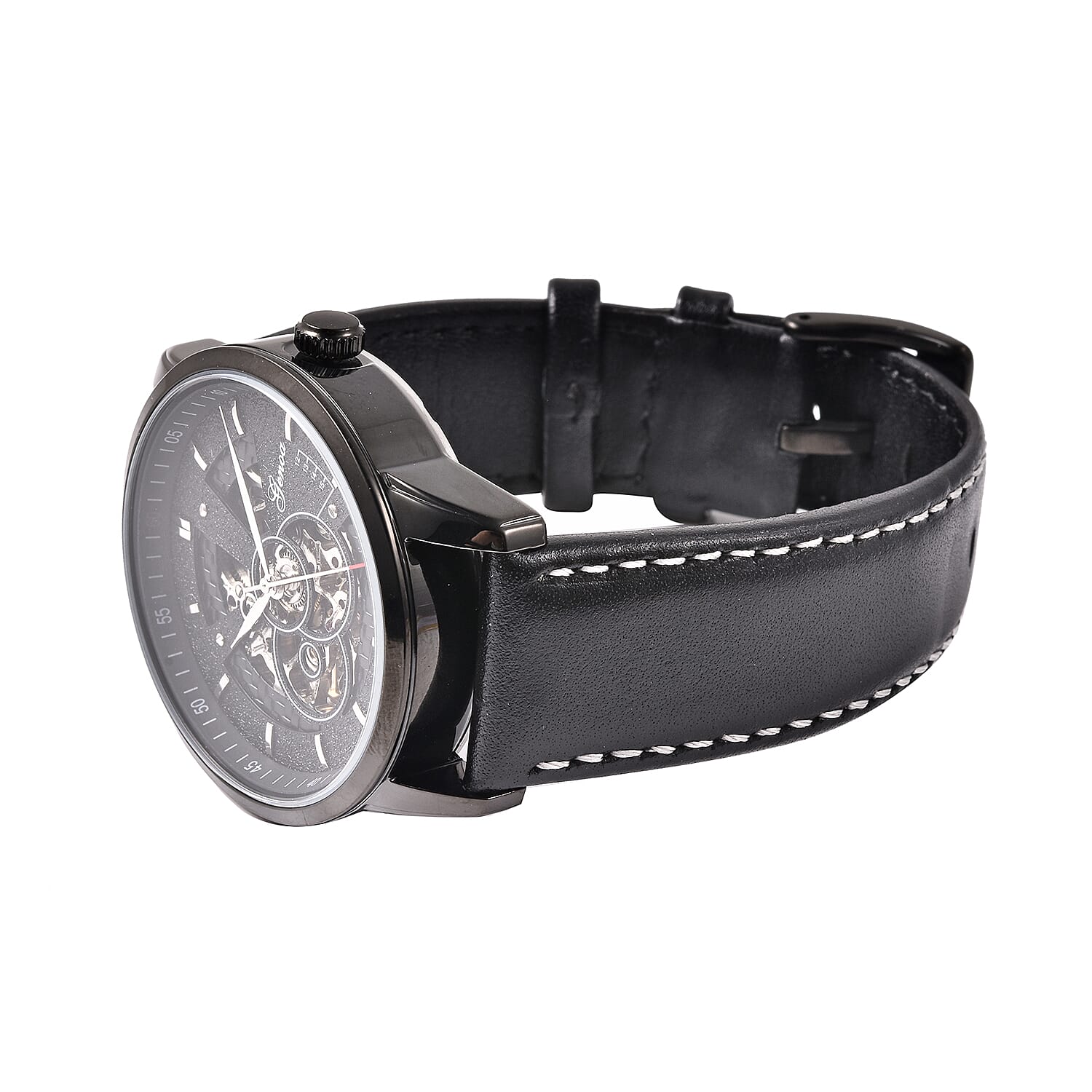 GENOA Automatic Movement Water Resistant Watch with Black Leather Band and Stainless Steel Back