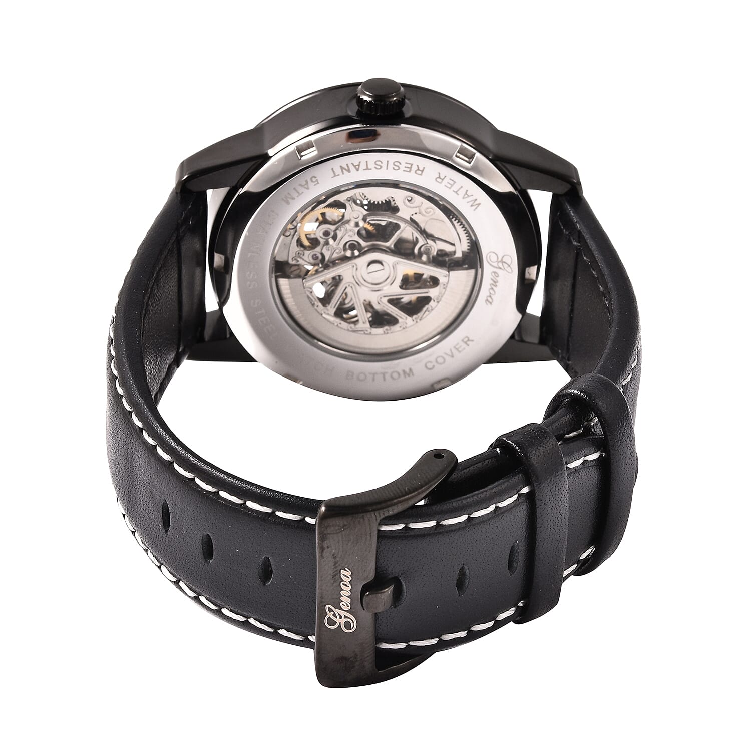 GENOA Automatic Movement Water Resistant Watch with Black Leather Band and Stainless Steel Back
