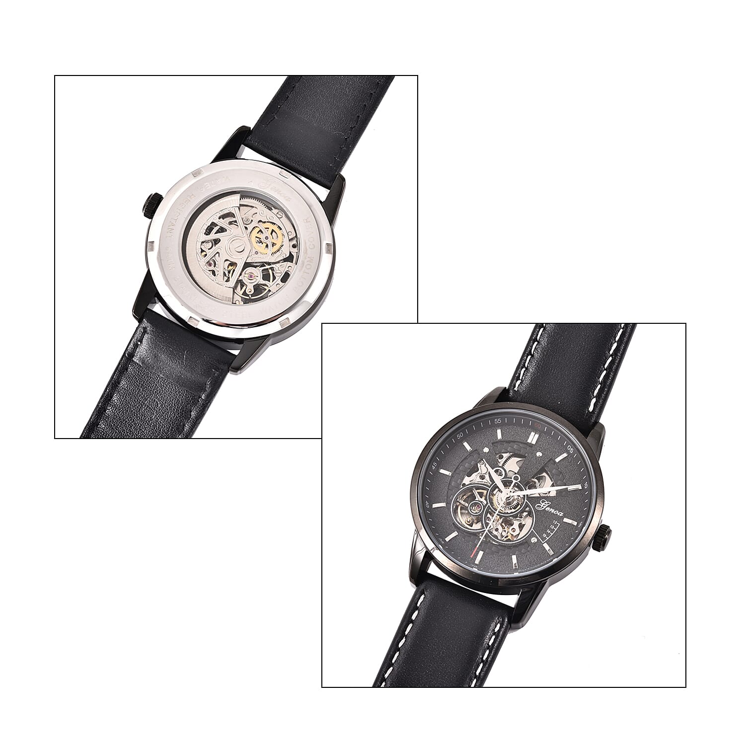 GENOA Automatic Movement Water Resistant Watch with Black Leather Band and Stainless Steel Back
