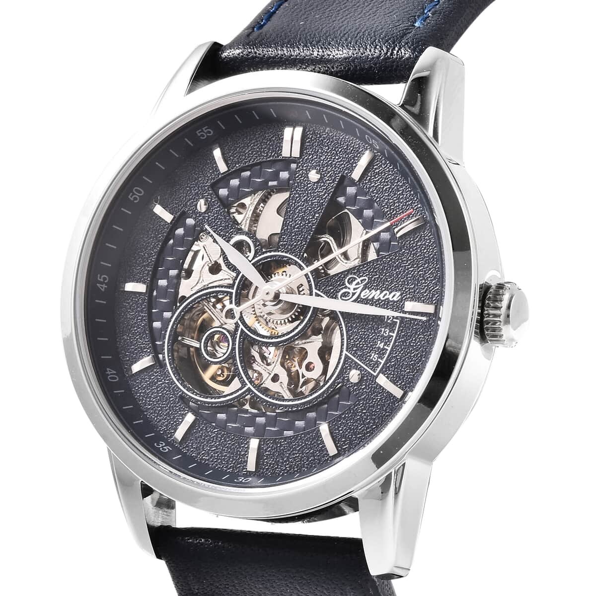 Genoa Automatic Movement Water Resistant Watch with Navy Blue Leather Band and Stainless Steel Back image number 2