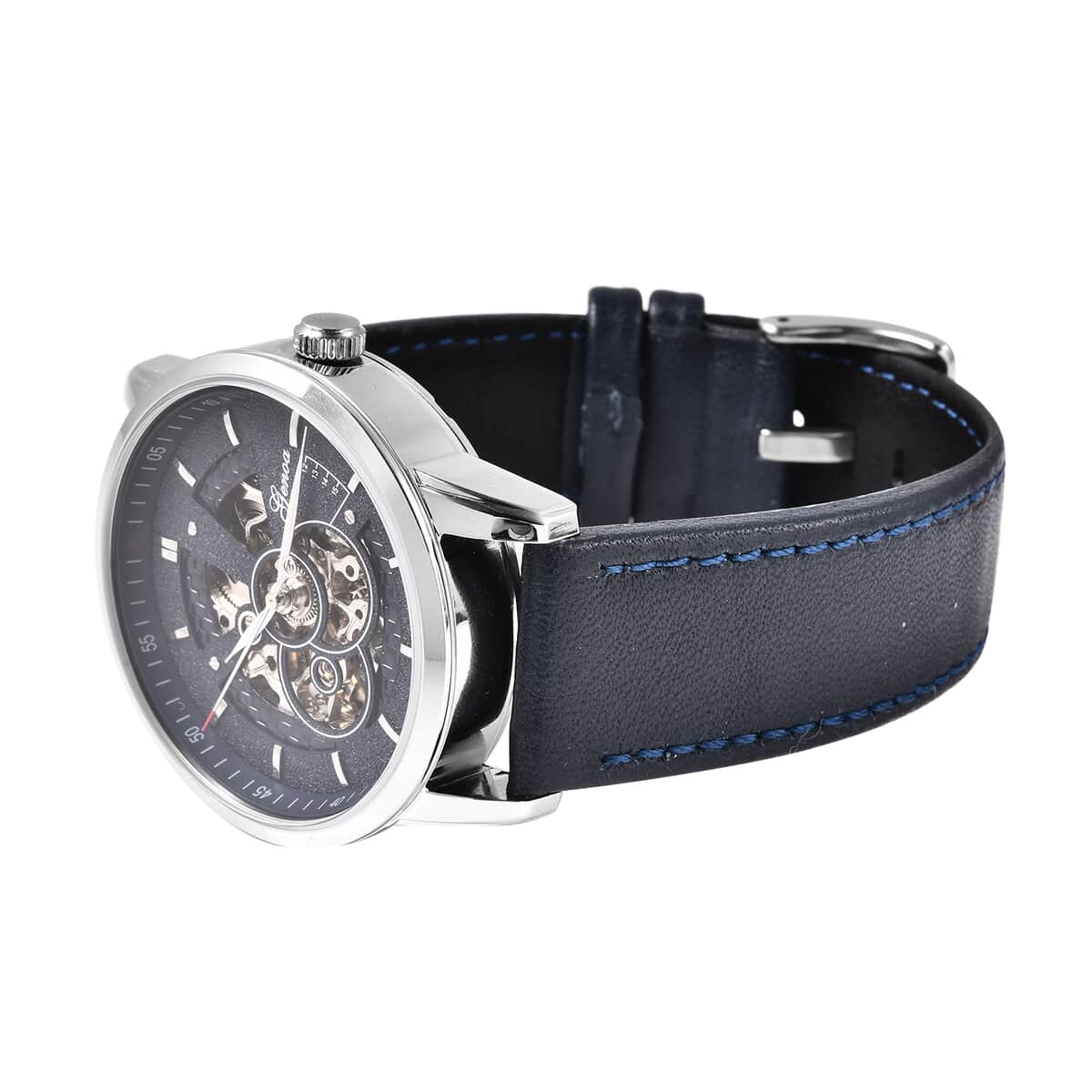 Genoa Automatic Movement Water Resistant Watch with Navy Blue Leather Band and Stainless Steel Back image number 3