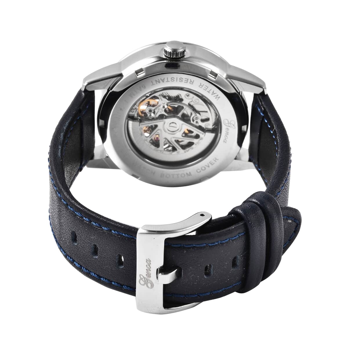 GENOA Automatic Movement Water Resistant Watch with Black Leather Band and Stainless Steel Back image number 4