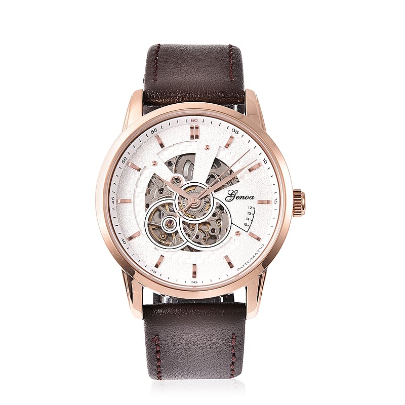 Genoa Automatic Movement Water Resistant Watch with Brown Leather Band and Stainless Steel Back