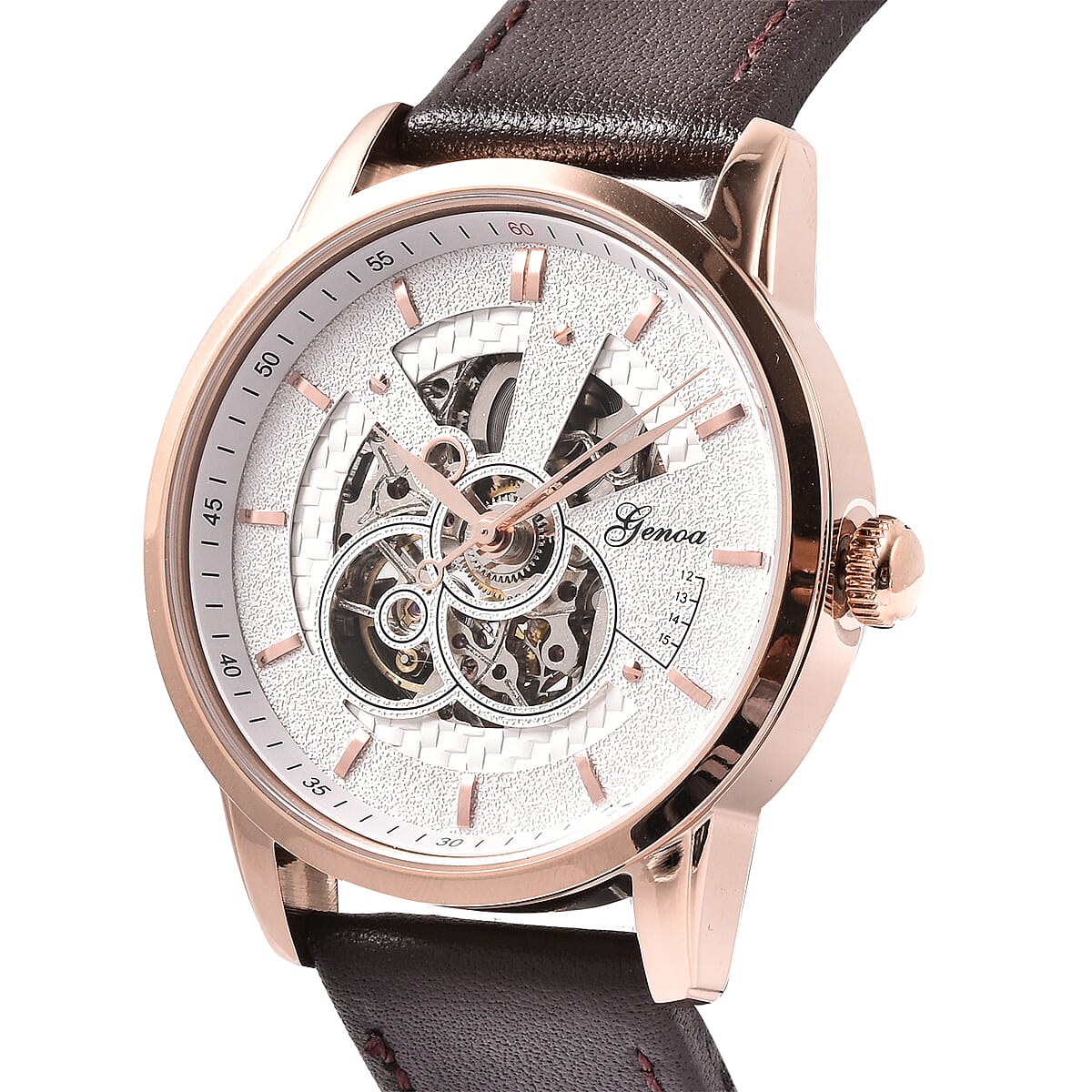 Genoa Automatic Movement Water Resistant Watch with Brown Leather Band and Stainless Steel Back image number 2