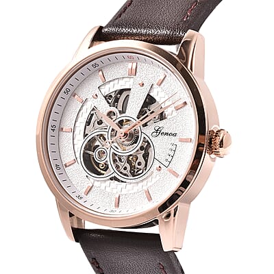 Genoa Automatic Movement Water Resistant Watch with Brown Leather Band and Stainless Steel Back