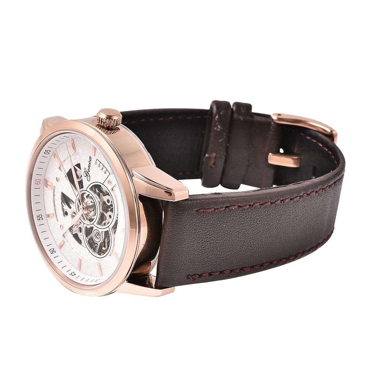 Genoa Automatic Movement Water Resistant Watch with Brown Leather Band and Stainless Steel Back image number 3