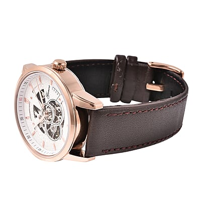 Genoa Automatic Movement Water Resistant Watch with Brown Leather Band and Stainless Steel Back