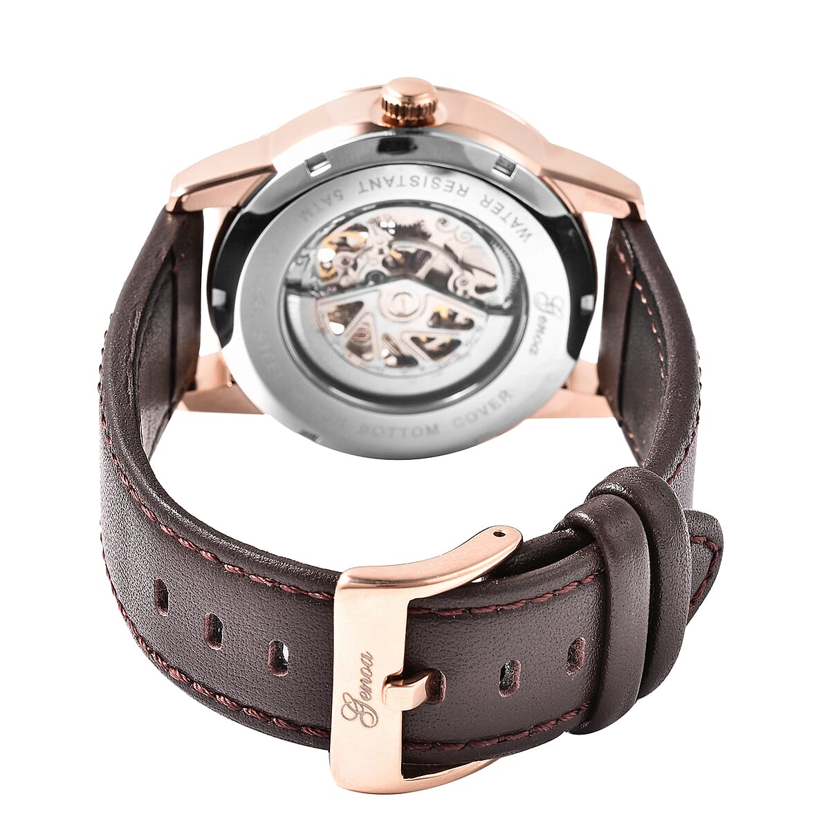 Genoa Automatic Movement Water Resistant Watch with Brown Leather Band and Stainless Steel Back image number 4