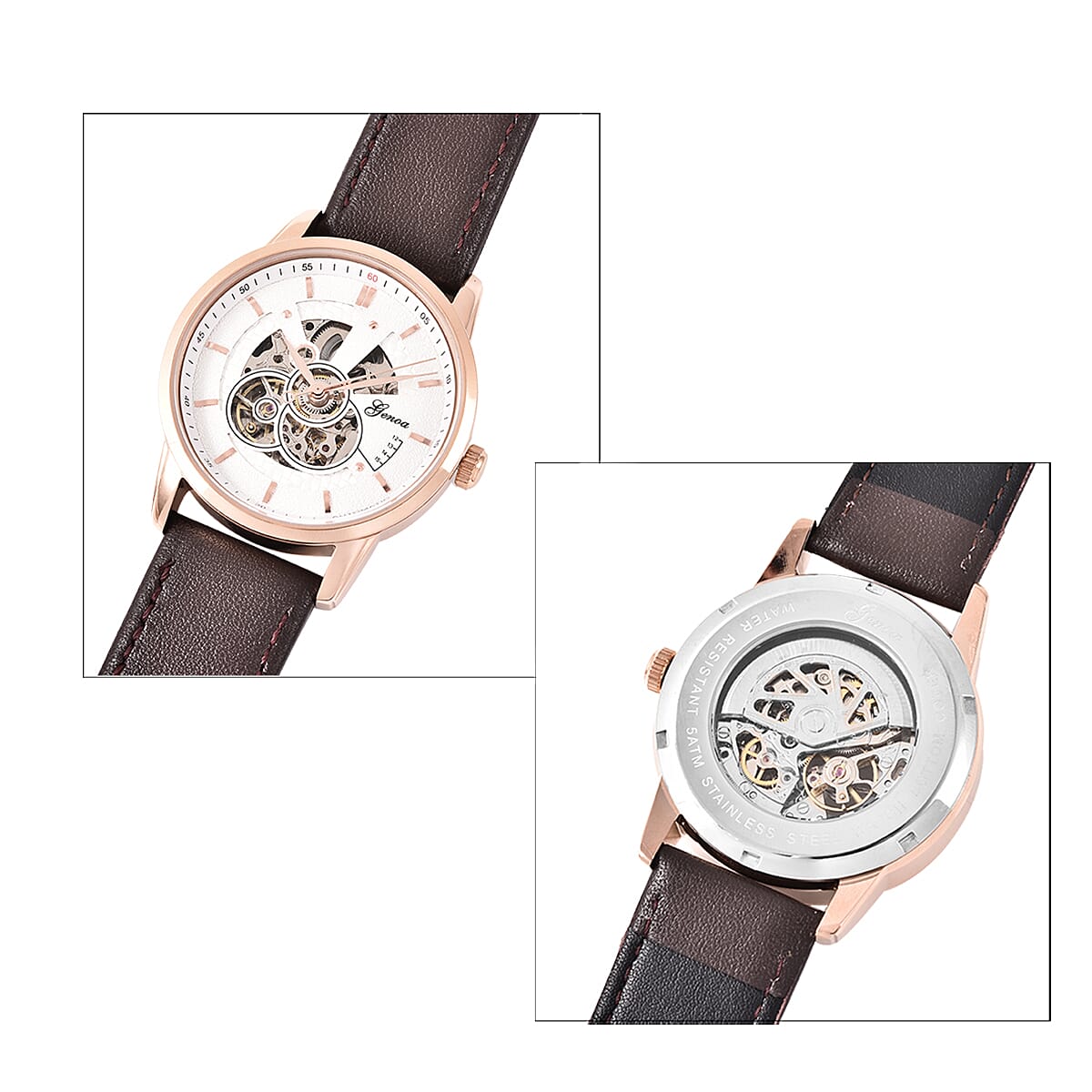 Genoa Automatic Movement Water Resistant Watch with Brown Leather Band and Stainless Steel Back image number 5