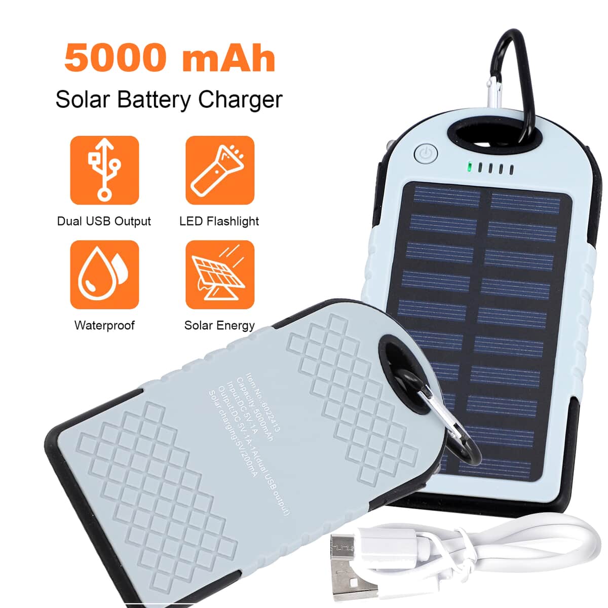 Homesmart Grey Carabiner Solar 5000 mAh Battery Charger with USB & Emergency LED Torch image number 1