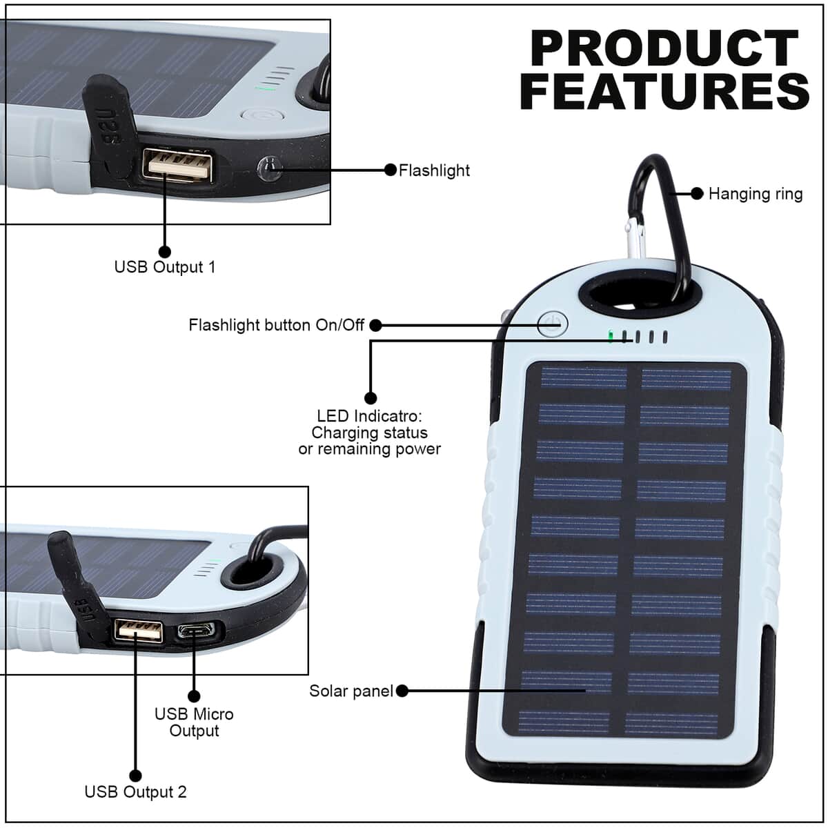 Homesmart Grey Carabiner Solar 5000 mAh Battery Charger with USB & Emergency LED Torch image number 2