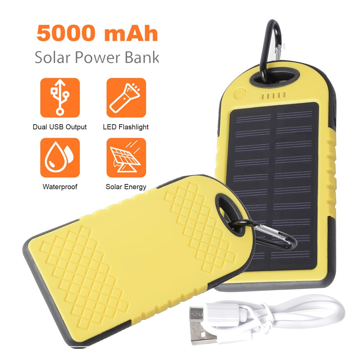Homesmart Yellow Carabiner Solar 5000 mAh Battery Charger with USB & Emergency LED Torch image number 2