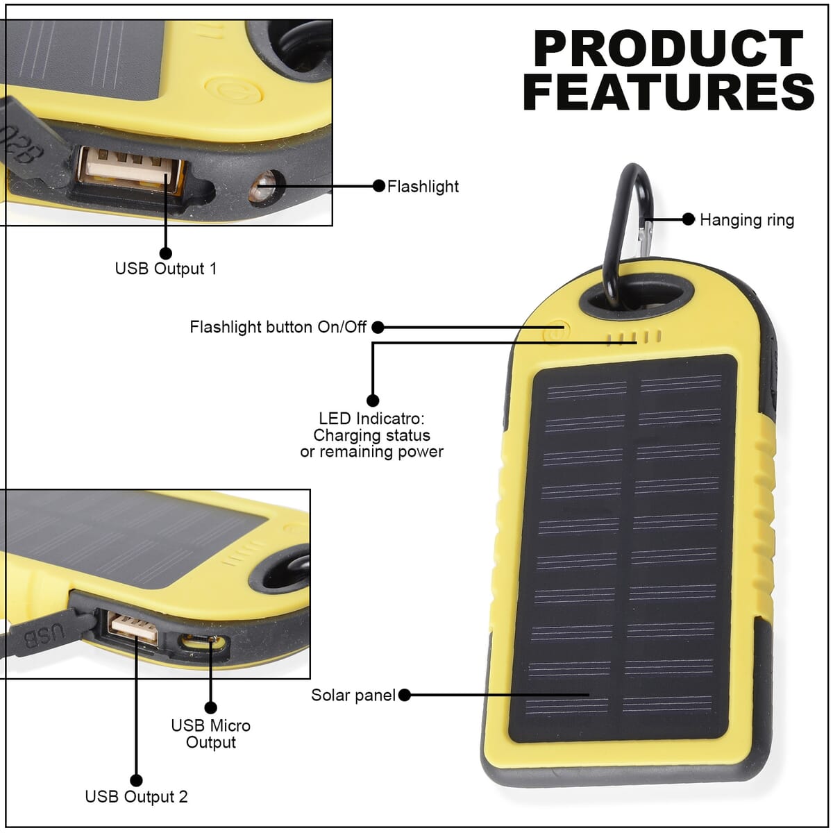 Homesmart Yellow Carabiner Solar 5000 mAh Battery Charger with USB & Emergency LED Torch image number 3