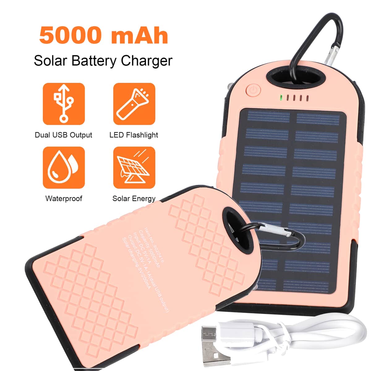 Homesmart Blush Carabiner Solar 5000 mAh Battery Charger with USB & Emergency LED Torch image number 1