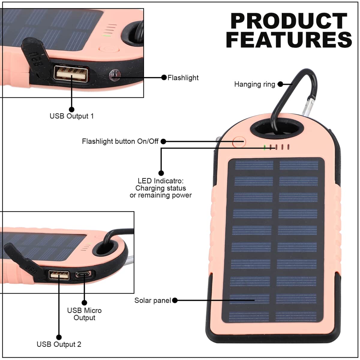 Homesmart Blush Carabiner Solar 5000 mAh Battery Charger with USB & Emergency LED Torch image number 2