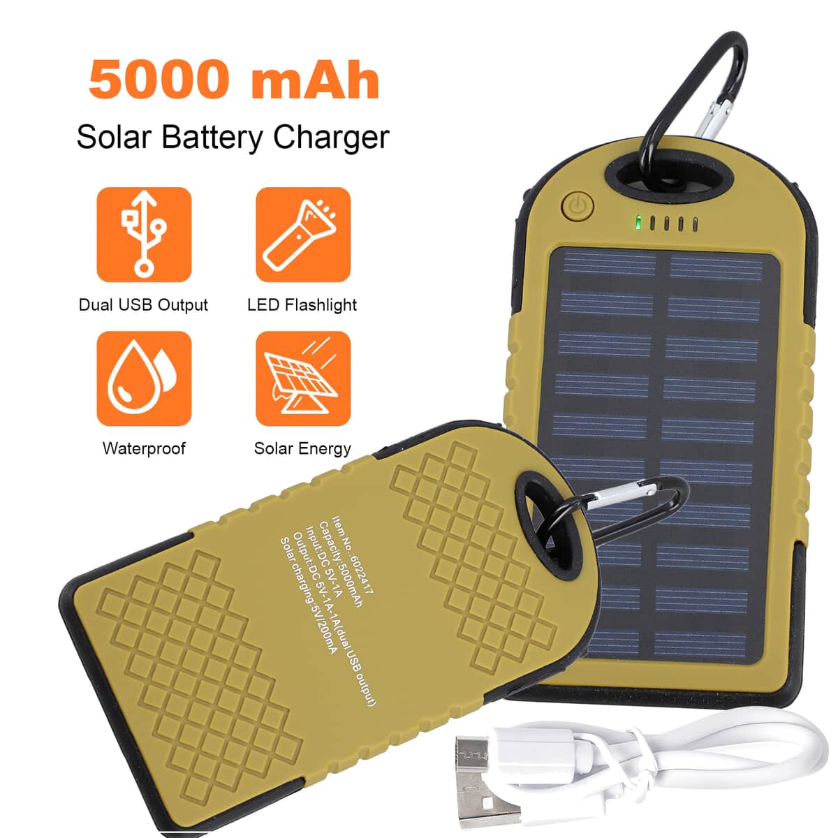 HOMESMART Golden Carabiner Solar 5000 mAh Battery Charger with USB & Emergency LED Torch image number 1