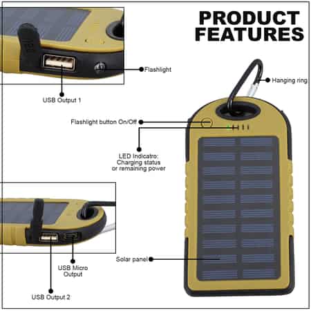 HOMESMART Golden Carabiner Solar 5000 mAh Battery Charger with USB & Emergency LED Torch image number 2