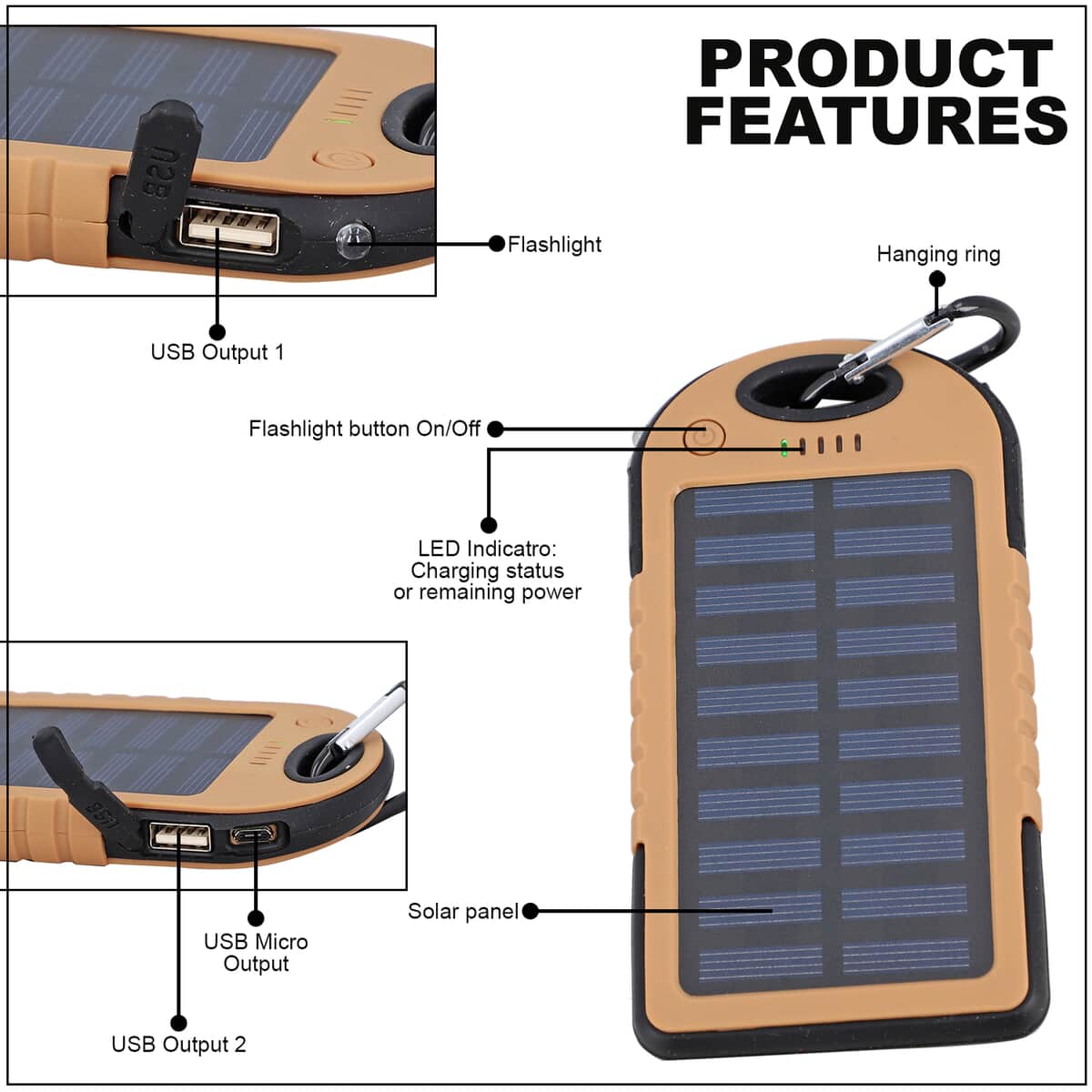Homesmart Camel Color Carabiner Solar 5000 mAh Battery Charger with USB & Emergency LED Torch image number 2