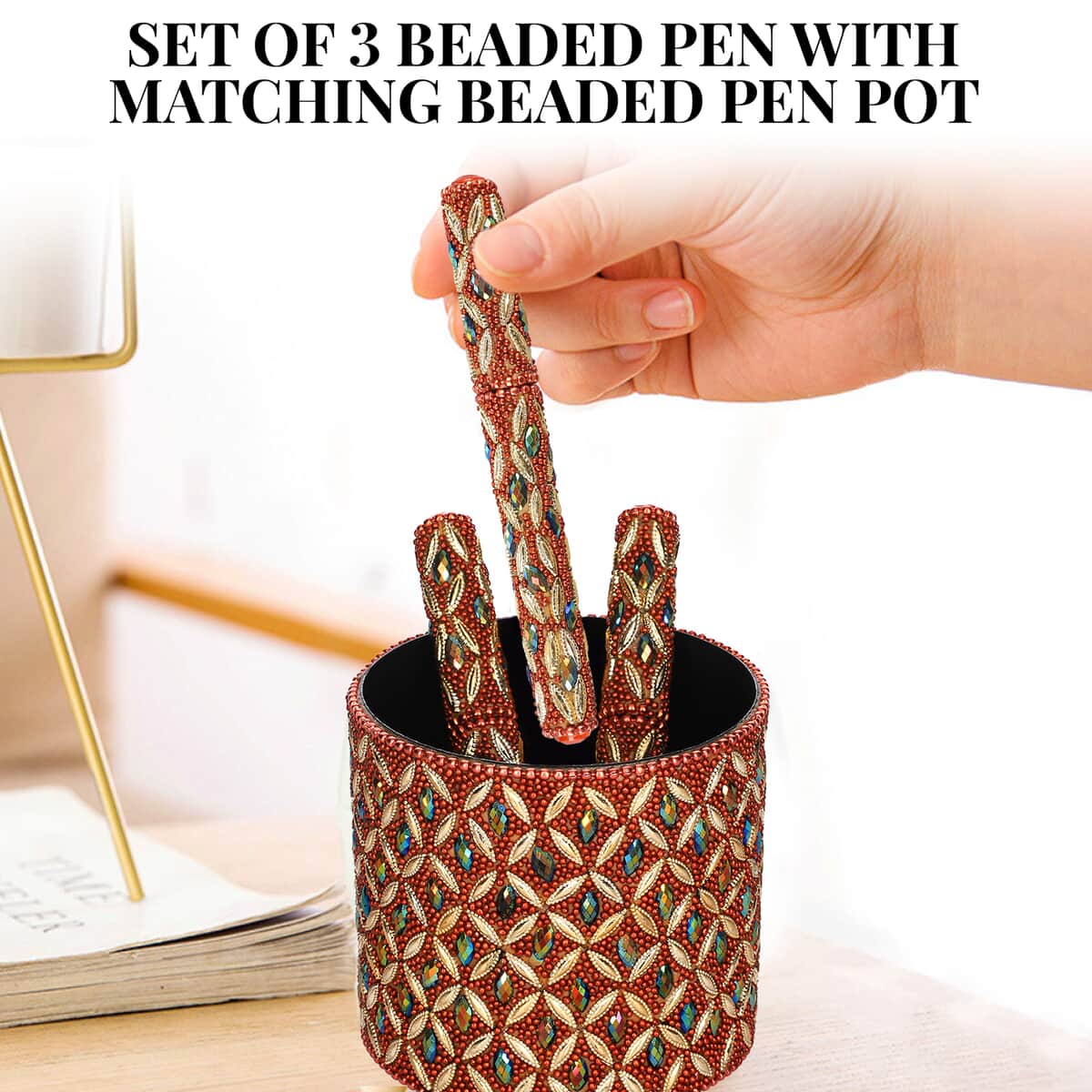 Handcrafted Set of 3 Bronze Beaded Pen (4.5 in) with Matching Beaded Pen Pot image number 1