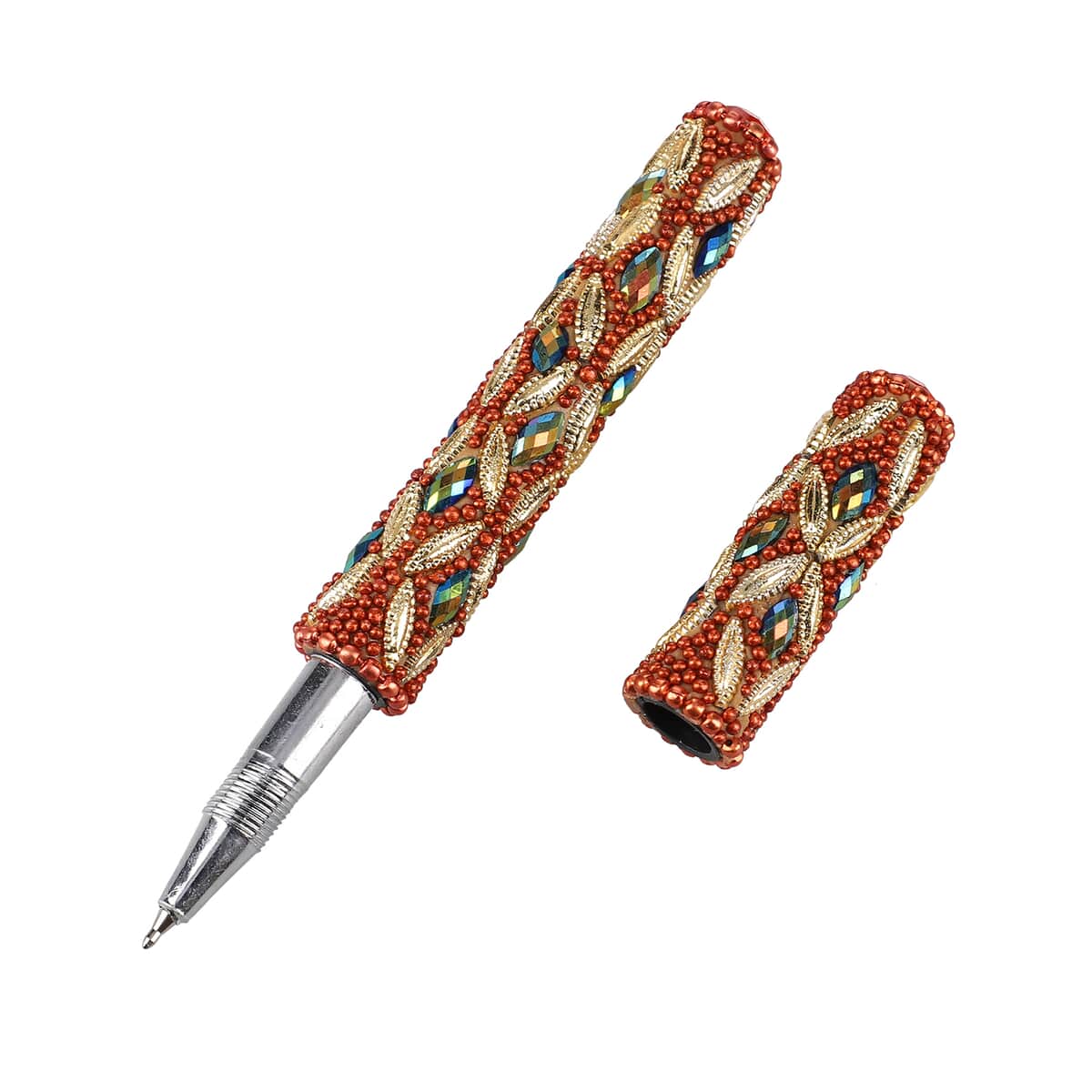 Handcrafted Set of 3 Bronze Beaded Pen (4.5 in) with Matching Beaded Pen Pot image number 6