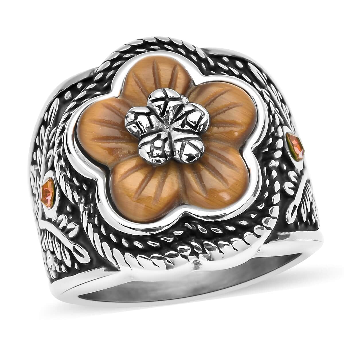 South African Tiger's Eye Carved and Champagne Austrian Crystal Flower Ring in Stainless Steel (Size 10.0) 3.50 ctw image number 0