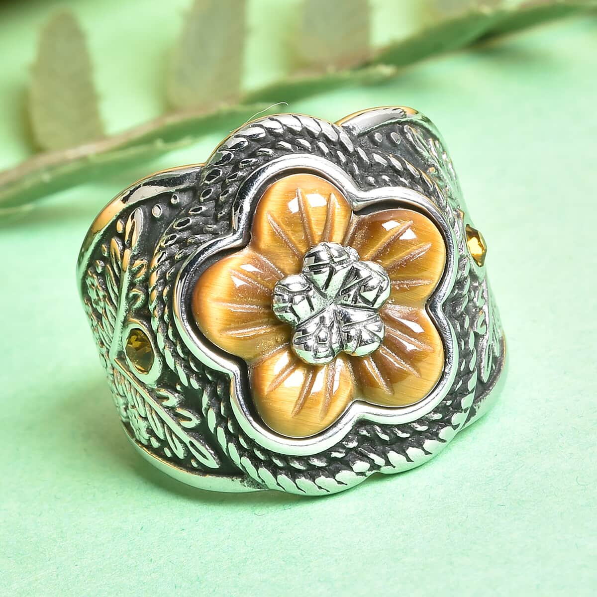 South African Tiger's Eye Carved and Champagne Austrian Crystal Flower Ring in Stainless Steel (Size 10.0) 3.50 ctw image number 1