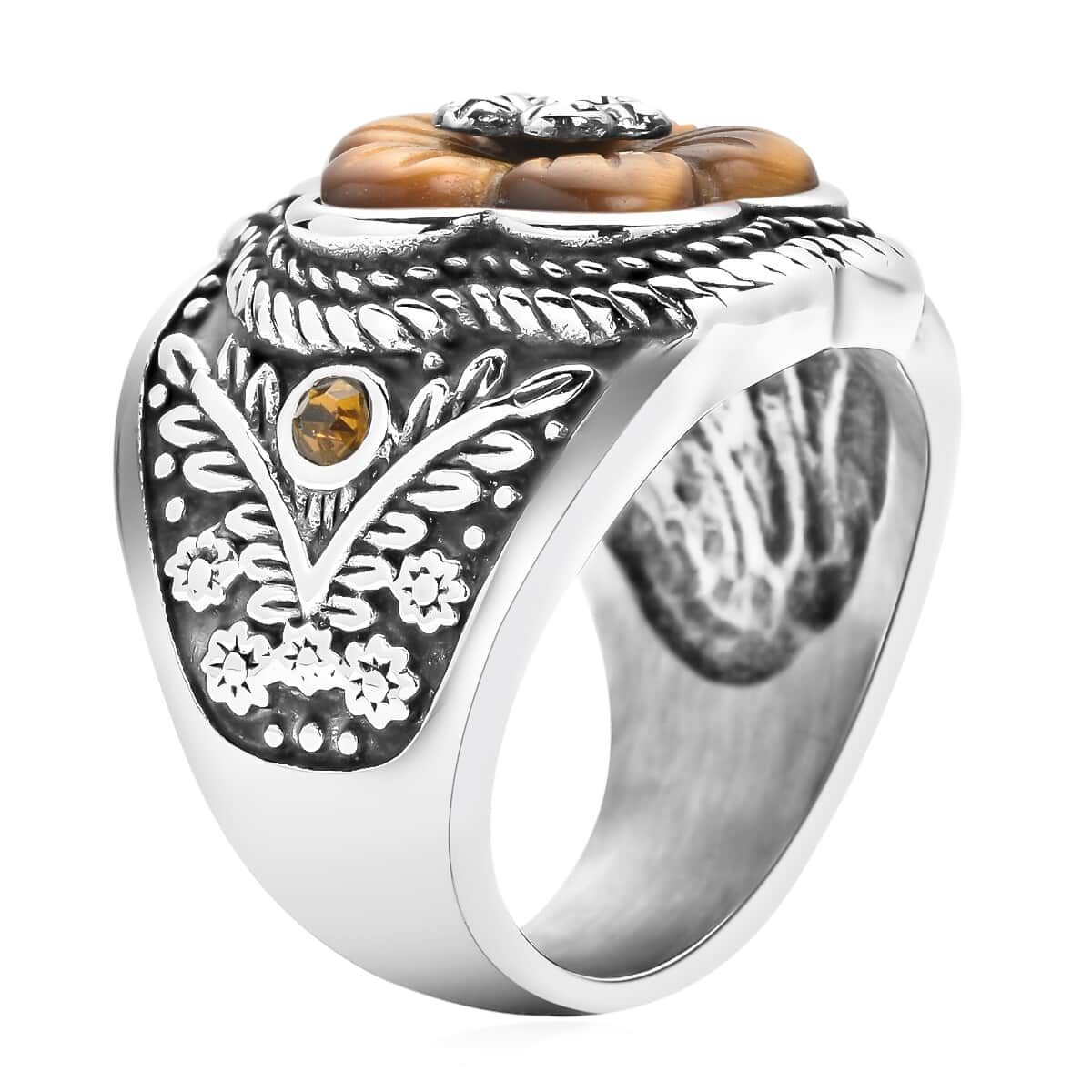 South African Tiger's Eye Carved and Champagne Austrian Crystal Flower Ring in Stainless Steel (Size 10.0) 3.50 ctw image number 3