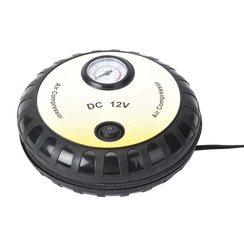 Yellow Compact Portable Electric Mini DC 12V Air Compressor Tire Inflator with 150 PSI Pressure Gauge Car Tire Pump