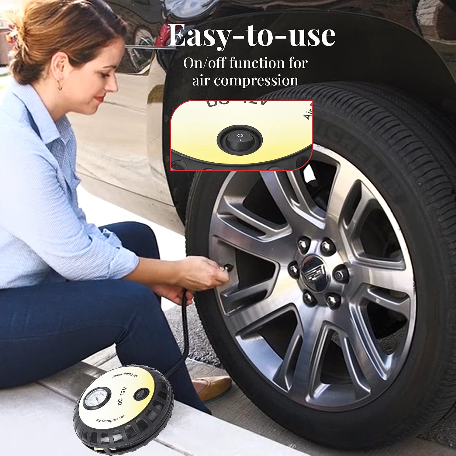 Yellow Compact Portable Electric Mini DC 12V Air Compressor Tire Inflator with 150 PSI Pressure Gauge Car Tire Pump