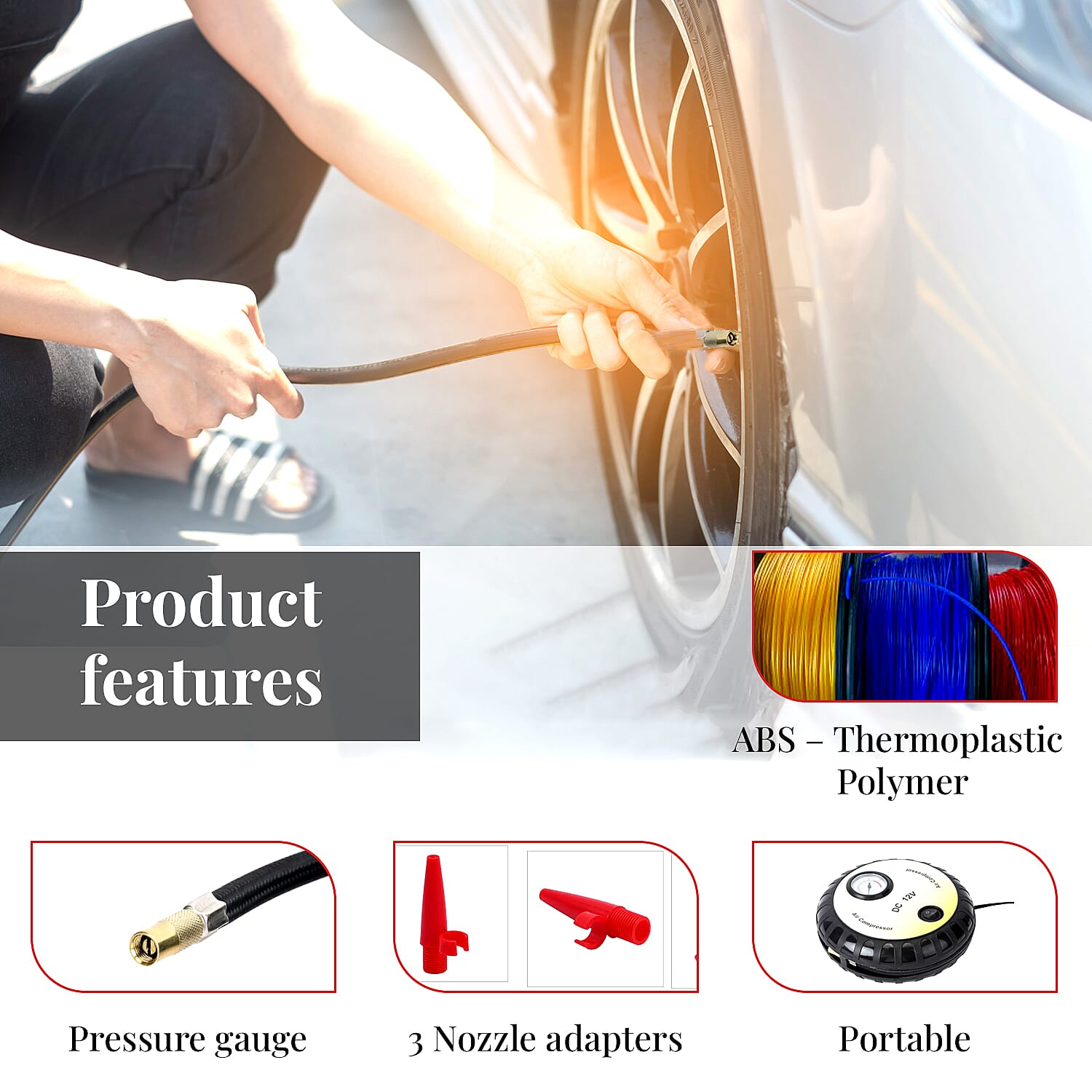 Yellow Compact Portable Electric Mini DC 12V Air Compressor Tire Inflator with 150 PSI Pressure Gauge Car Tire Pump