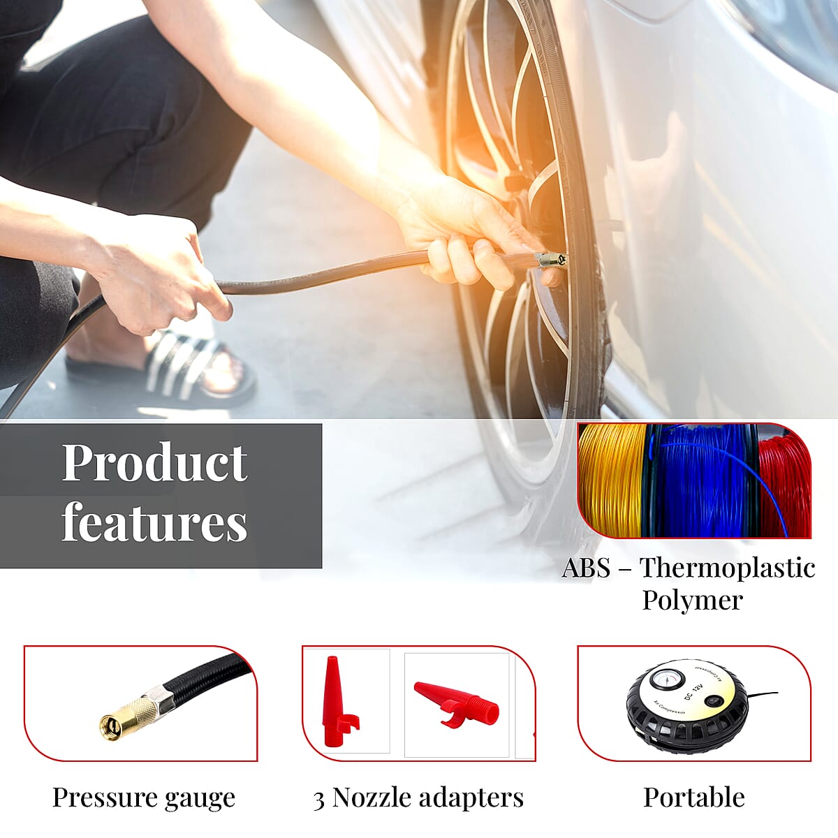 Yellow Compact Portable Electric Mini DC 12V Air Compressor Tire Inflator with 150 PSI Pressure Gauge Car Tire Pump image number 4