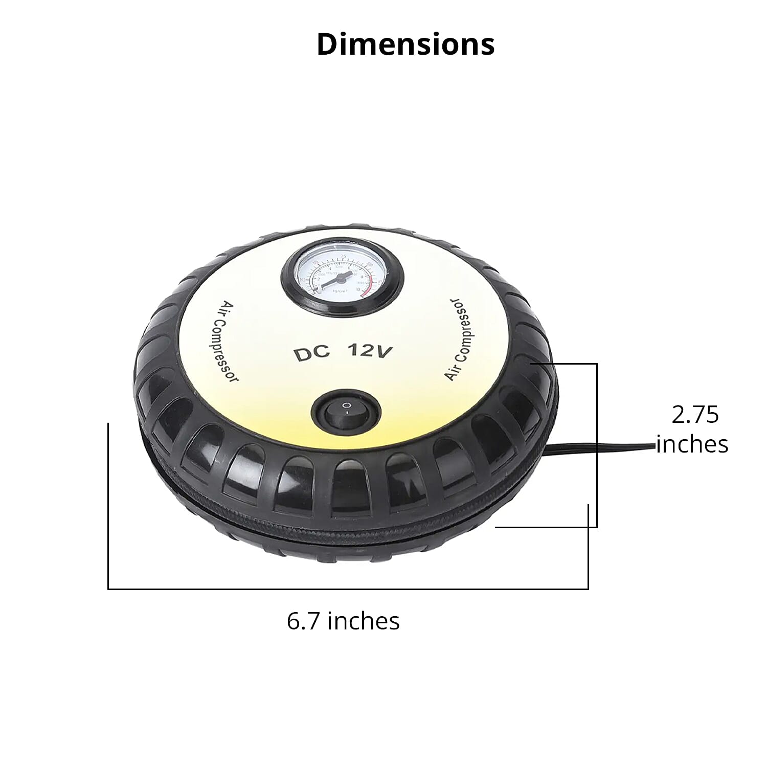 Yellow Compact Portable Electric Mini DC 12V Air Compressor Tire Inflator with 150 PSI Pressure Gauge Car Tire Pump
