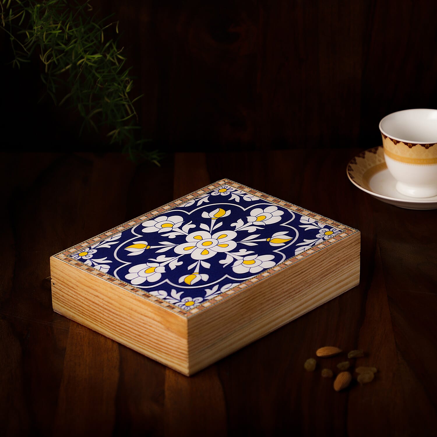 Blue and White Hand Painted Top Wooden Storage Box