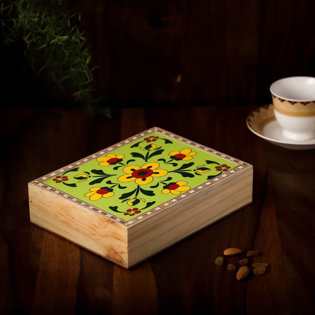 Green and Yellow Hand Painted Top Wooden Storage Box image number 1