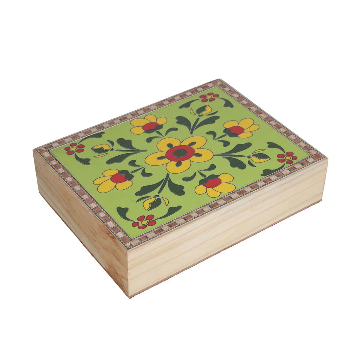 Green and Yellow Hand Painted Top Wooden Storage Box image number 2