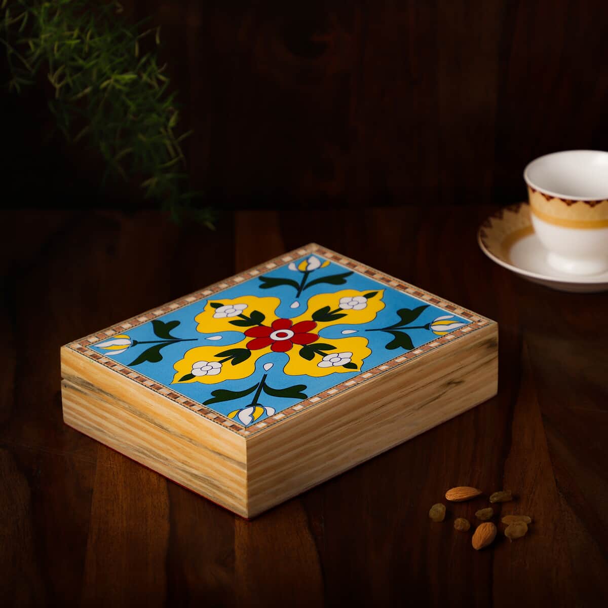 Blue and Yellow Hand Painted Top Wooden Storage Box image number 1